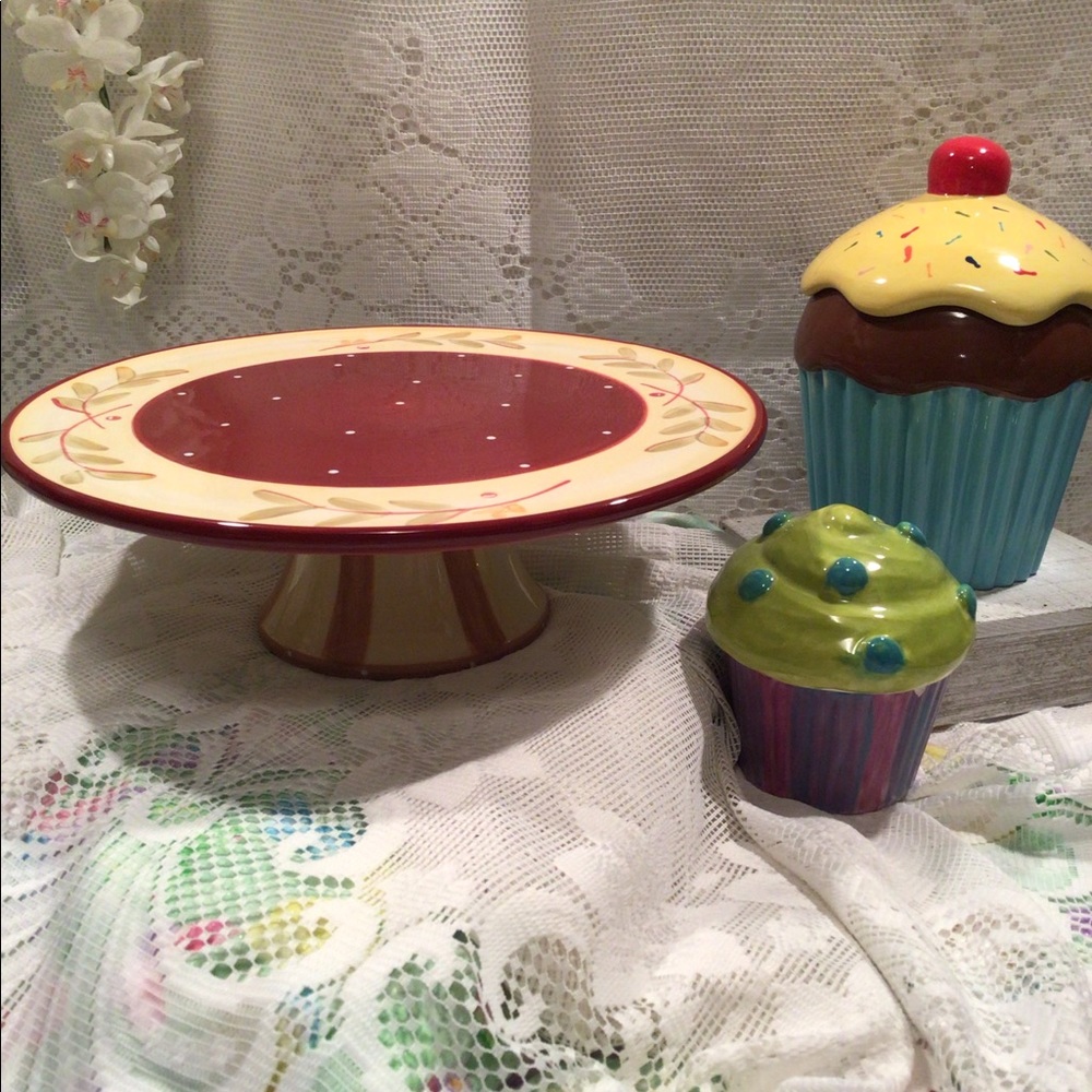 Ceramic Pedestal Cake Stand Burgundy and Yellow Hand Painted by Deb Hrabik